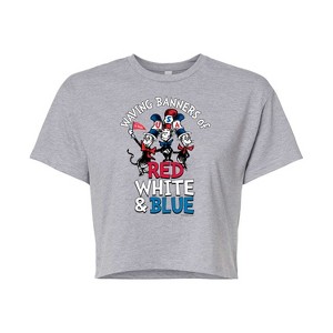 Women's - Dr. Seuss - Cat in the Hat Waving Banners Red White Blue Cropped Graphic T-Shirt - 1 of 4