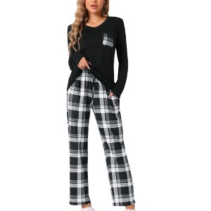 cheibear Women's Long Sleeve Plaid Pattern Top with Pockets with Pants Pajamas Set - 1 of 4