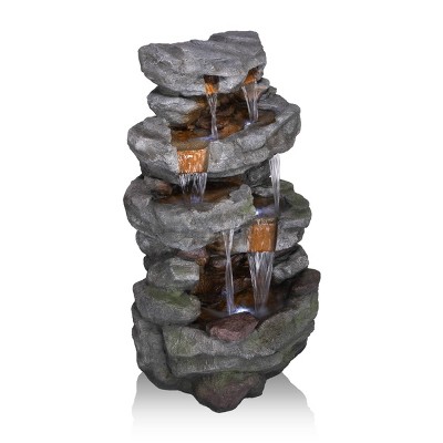 Cascading Stone Wall Fountain With Cool White LED Lights - Alpine Corporation