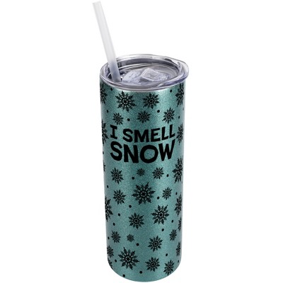 Elanze Designs Snowflake Pattern Turquoise Blue 20 Ounce Double Wall Stainless Steel Glitter Travel Tumbler With Sliding Lid And Straw, I Smell Snow