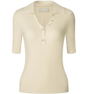 Hobemty Women's Flap Collar V Neck Short Sleeve Fitted Ribbed Knit Blouse - 1 of 4
