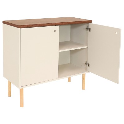 Latte Mid-Century Modern 2-Door Accent Cabinet with Eucalyptus Legs