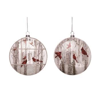 Transpac Christmas Holiday Red Glass Bright Cardinal Birds in Forest Ornament Set of 2, 5.50H inch