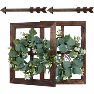 Rustic Wood Window Frame with Green Wreath and Arrows Wall Decor Farmhouse Hanging Decoration Wooden Window Pane Set of 2 Brown - 1 of 4
