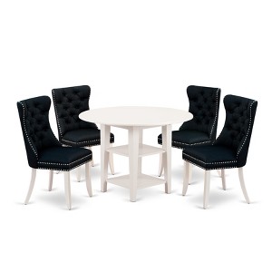 East West Furniture, 5 Piece Dining Table Set Includes a Round Kitchen Table with Dropleaf & Shelves and 4 Upholstered Chairs, linen white - 1 of 4