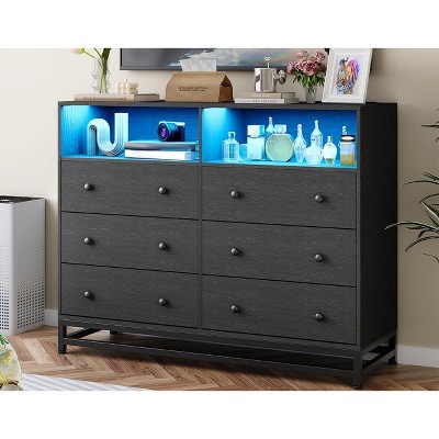 Wide 6-Drawer Dresser w/ Charging Station, LED Lights - Modern Large Storage Cabinet, Wood Chest for Bedroom