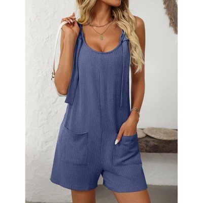 Womens Summer Casual Short Romper Scoop Neck Sleeveless Striped Overalls Shorts Jumpsuit with Pockets