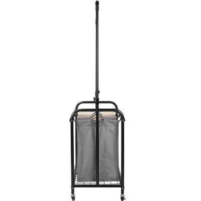 Black Metal 3-Bag Rolling Laundry Sorter with Adjustable Hanging Bar