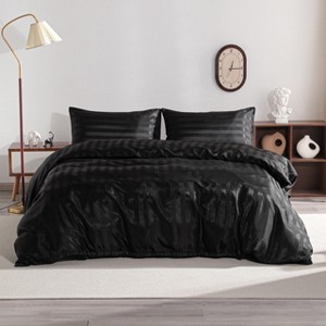 3 Pieces Satin Stripe Duvet Cover Set, Ultra-Soft & Luxury Comforter Cover Set  - NTBAY - 1 of 4
