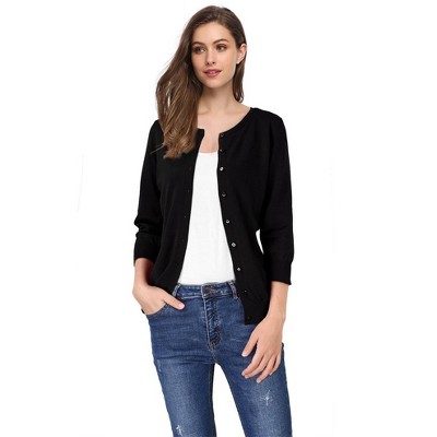 WhizMax Women Fitted Round Neck 3/4 Sleeve Button-Up Knit Cardigan