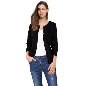 WhizMax Women Fitted Round Neck 3/4 Sleeve Button-Up Knit Cardigan - 1 of 4