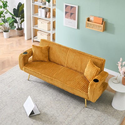 Vynxaria Minimalist White Corduroy Sofa with Throw Pillows - Elegant & Easy to Assemble