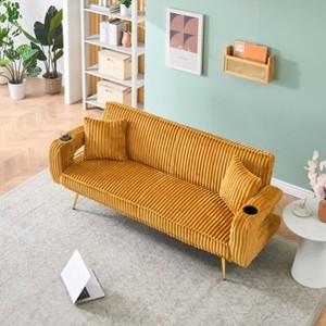 Vynxaria Minimalist White Corduroy Sofa with Throw Pillows - Elegant & Easy to Assemble - 1 of 3