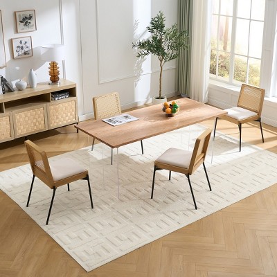 Set of 6 Modern Armless Dining Chairs,Linen Upholstered Accent Chairs with Square Rattan Back for Home Kitchen or Dining Room-Cuddlewood