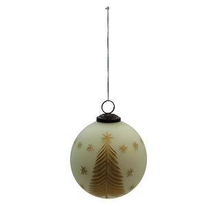Storied Home Round Hand-Painted Glass Ball Ornament with Etched Trees and Stars, Matte Ivory Color and Gold Finish - 1 of 1