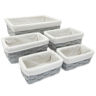 Image of Juvale 5-Piece Grey Woven Nesting Baskets with Cloth Lining for Storage, Small Decorative Lined Rectangular Wicker Bins Set for Organizing (3 Sizes)