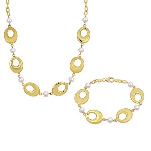 EVERLY JEWELRY | 18k Yellow Gold Plated Sterling Silver 6-7mm Cultured Freshwater Pearl and Oval Disc Station Necklace and Bracelet Set - 1 of 4