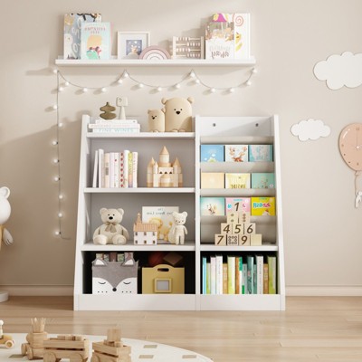 FONTOI Kids Bookshelf, Toy Storage Organizer Cabinet, Children Bookcase, Toddler Baby Sling Book Rack, Adjustable Shelf, White, 35.5*15.8*31.5