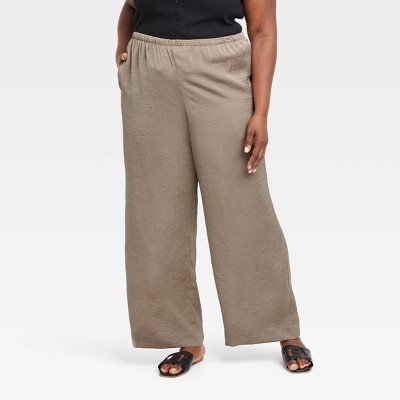 Women's Mid-Rise Straight Leg Crinkle Satin Pull-On Pants - A New Day™