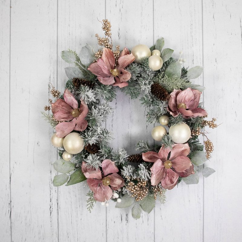 Northlight Pink Floral and Ball Ornament Frosted Pine Artificial Christmas Wreath, 24-Inch, Unlit, 2 of 8