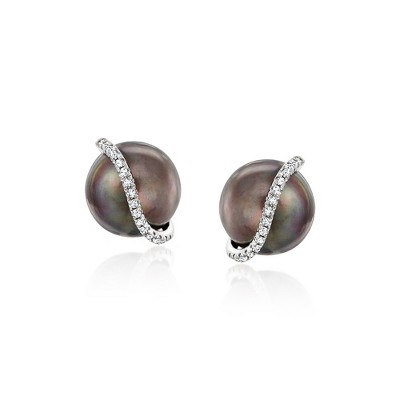 Ross-Simons 8-8.5mm Black Cultured Pearl and Diamond Swirl Earrings in Sterling Silver