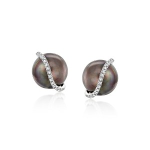Ross-Simons 8-8.5mm Black Cultured Pearl and Diamond Swirl Earrings in Sterling Silver - 1 of 4