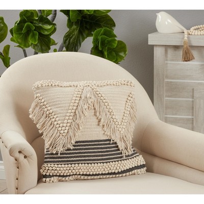 Natural Woven Fringe Cotton Square Throw Pillow