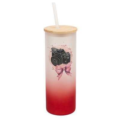 Elanze Designs 25 Ounce Frosted Glass Gradient Travel Tumbler With Straw and Wooden Lid, Camera Bow Red