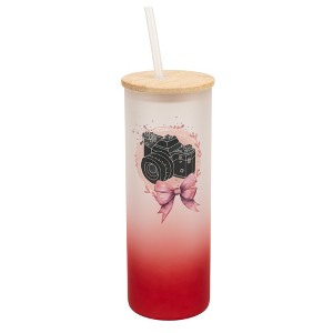 Elanze Designs 25 Ounce Frosted Glass Gradient Travel Tumbler With Straw and Wooden Lid, Camera Bow Red - 1 of 1