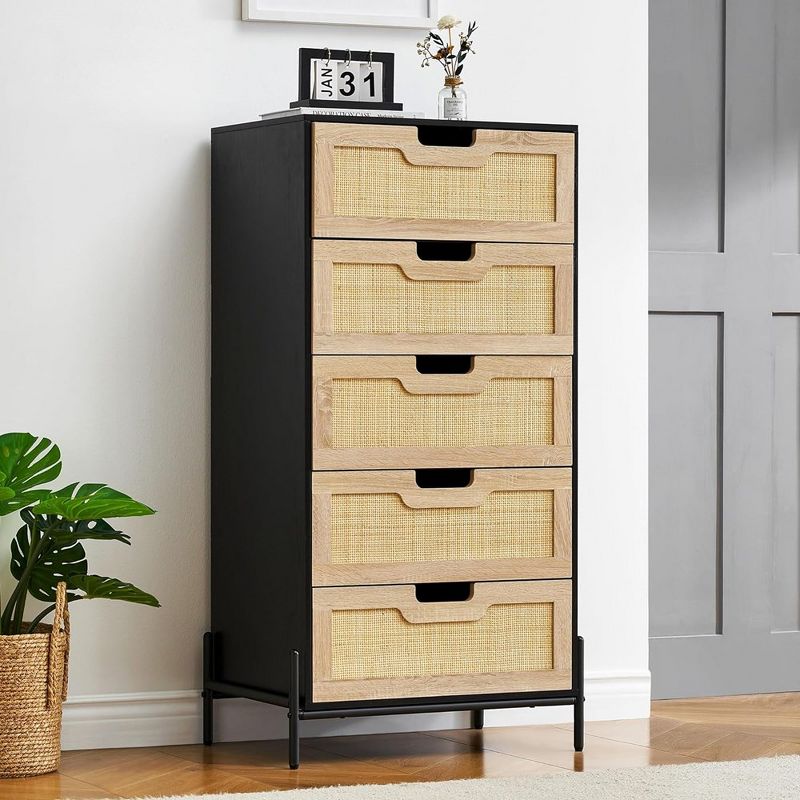 Whizmax Modern Rattan 5 Drawers Dresser, Double Dresser for Bedroom, Chest of Drawers Closet Organizers for Bedroom Living Room Hallway Office, 1 of 8