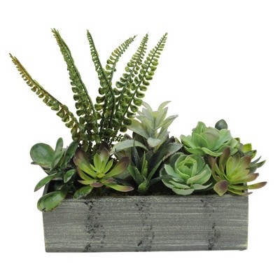 Northlight 11.75" Mixed Succulent Artificial Plants in Wooden Planter - Green/Gray