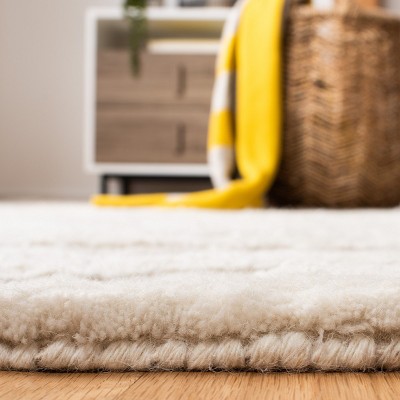 Beige and Ivory Hand-Knotted Wool Shag Runner Rug