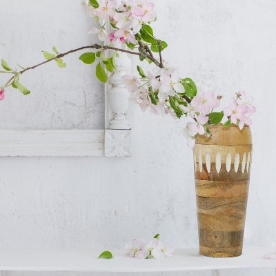 Handcrafted Mango Wood Cylindrical Vase with White Accents