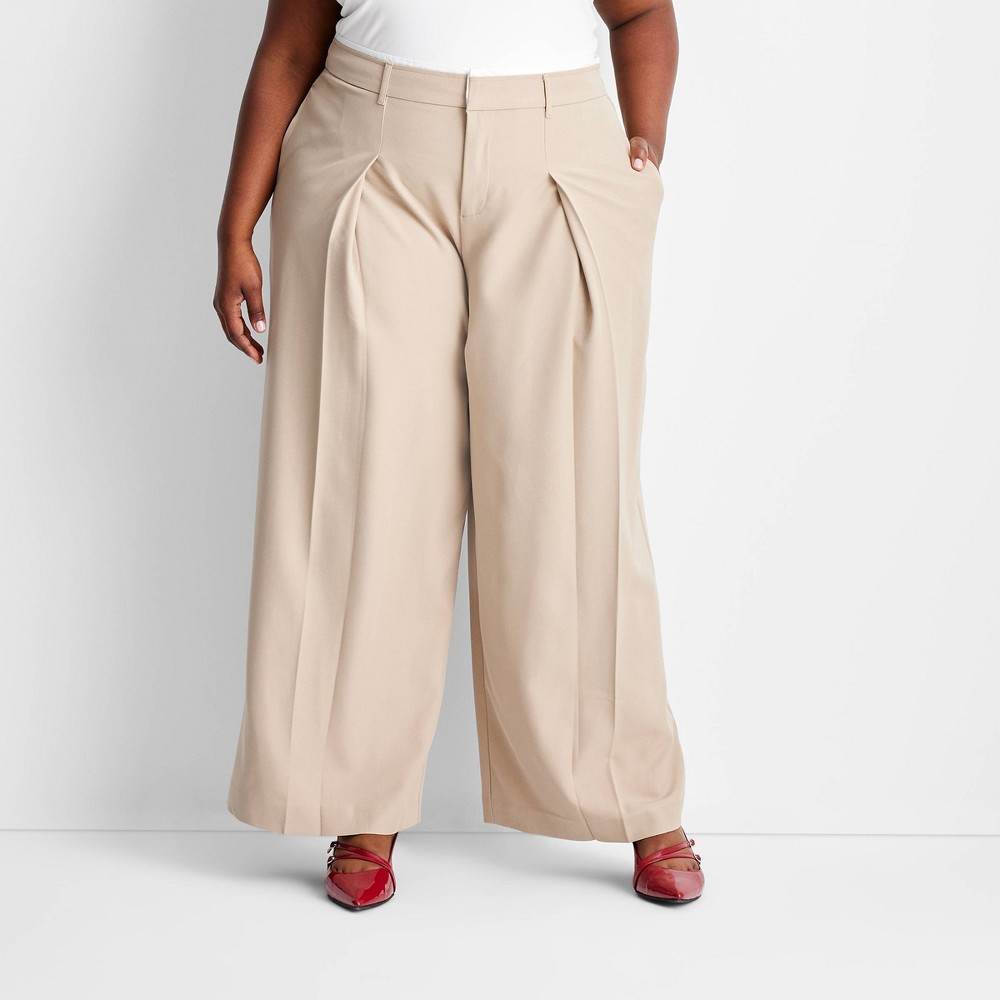 Women's Mid-Rise Wide Leg Contrast Waistband Trousers - Future Collective Khaki 2X