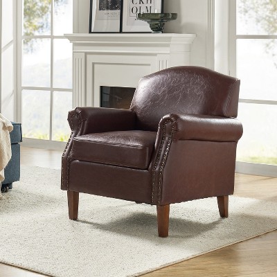 Brown Faux Leather Armchair with Nailhead Trim and Wood Frame