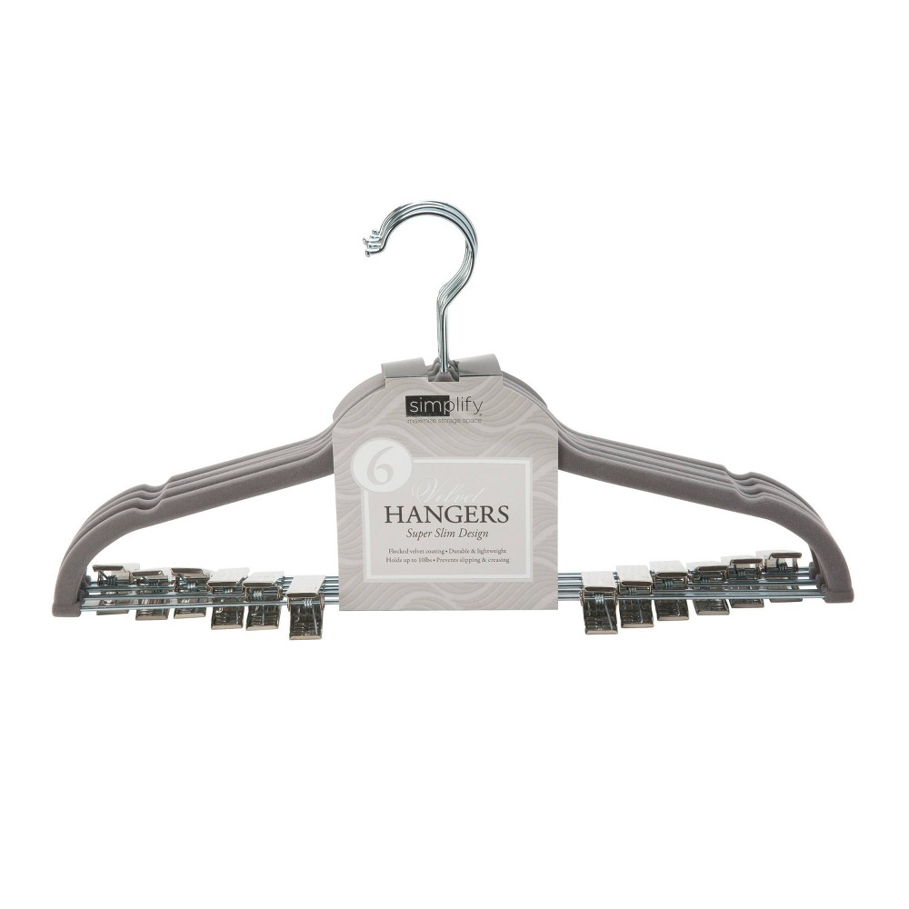 Simplify 6pk Velvet Hangers with Clips Gray: Clothes, Pants & Skirt Hangers for Dresses, Coats, Shirts, Sweaters