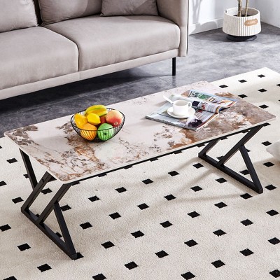 CAVINAS Coffee Tables for Living Room Rock Slab Material Coffee Table with Golden Metal Legs for Dining Room