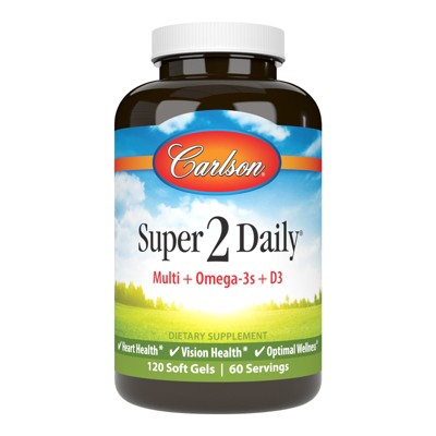 Carlson - Super 2 Daily, Multi + Omega-3s, Fish Oil Multivitamin, Vitamins & Minerals, 120 Softgels