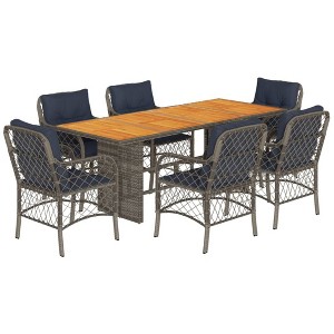 vidaXL 7-Piece Patio Dining Set with Cushions - Poly Rattan, Gray & Navy Blue, Weather-Resistant, Comfortable, Cleans Easy - 1 of 4