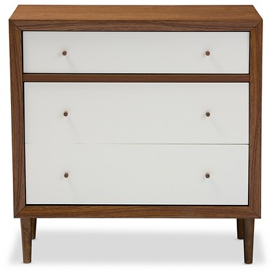 Harlow White and Walnut Mid-Century Modern 3-Drawer Chest