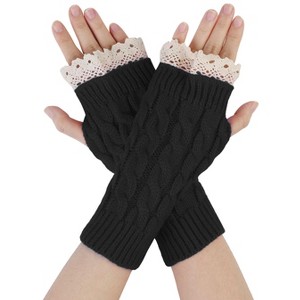 Unique Bargains Pair Women's Winter Lace Trim Fingerless Thumbhole Stretchy Knitted Gloves - 1 of 4