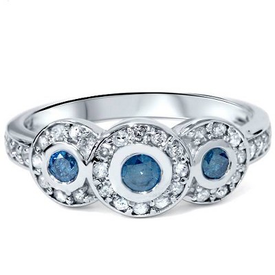 Pompeii3 3/4ct Three Stone Treated Blue Diamond Engagement Ring 14k ...