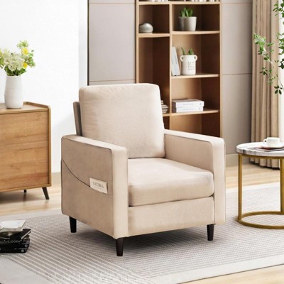 Aukfa Mid-Century Modern Linen Armchair w/ Double Side Pockets - Comfortable Padded Reading Accent Chair for Living Room, Bedroom & Office