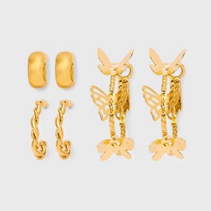 Butterfly and Hoop Earring Set 3pc - Wild Fable™ Gold: Post Closure, Nickel-Free, Iron, Zinc Alloy - 1 of 2