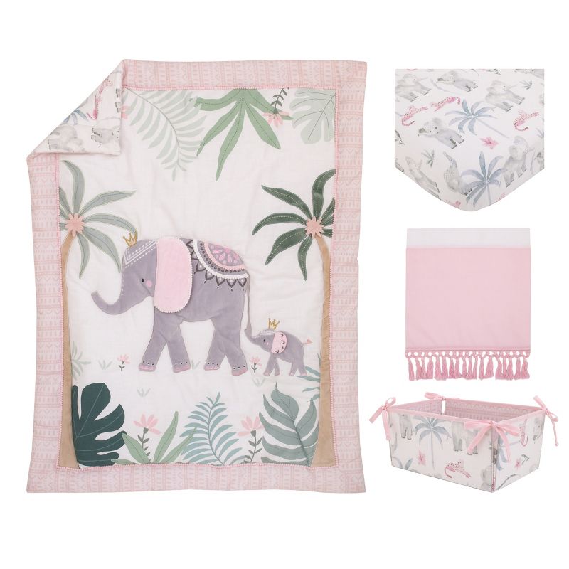 NoJo Tropical Princess Elephant /Jungle Pink and Green 4 Piece Crib Bedding Set - Comforter, Fitted Crib Sheet, Dust Ruffle and Storage, 2 of 11