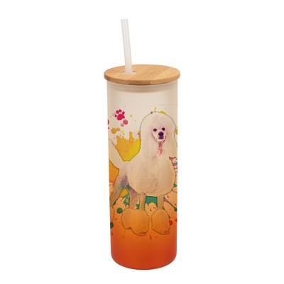100 North 25 Ounce Frosted Glass Gradient Travel Tumbler With Straw & Wooden Lid, Poodle Dog Paint Splatter Orange