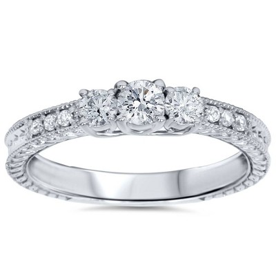 Pompeii3 1/2ct Vintage Three Stone Round Diamond Engagement Ring 14K White Gold