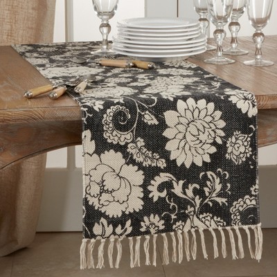 Black Floral Cotton Table Runner with Fringe, 16"x72"