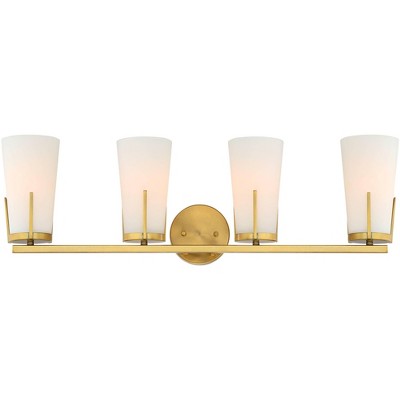 Possini Euro Design Mid Century Modern Wall Light Warm Brass Hardwired 32 1/4" Wide 3-Light Fixture White Glass Bathroom Vanity