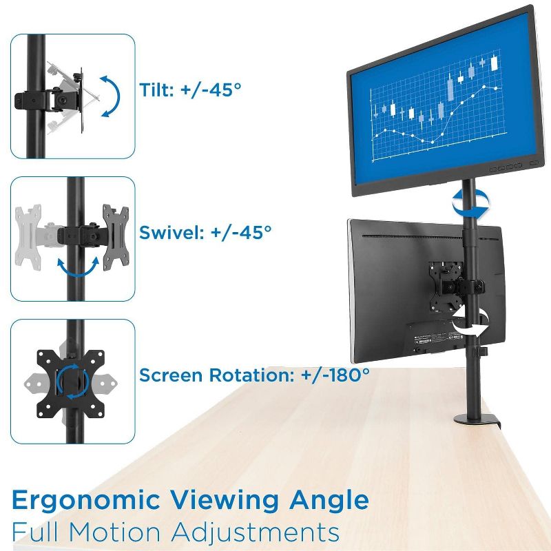 Mount-It! Vertical Dual Monitor Mount | Stacked Monitor Desk Stand | Fits 2 Computer Screens 19 - 32 Inches | C-Clamp and Grommet Bases, 3 of 11